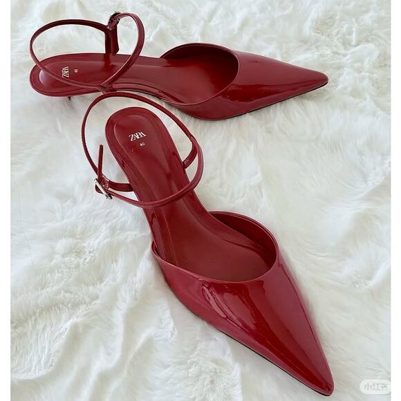 ZARA Red Patent Slingback Heels NWT – Pointed Toe Kitten Heels, Size 7.5 & 8 - Picture 7 of 16